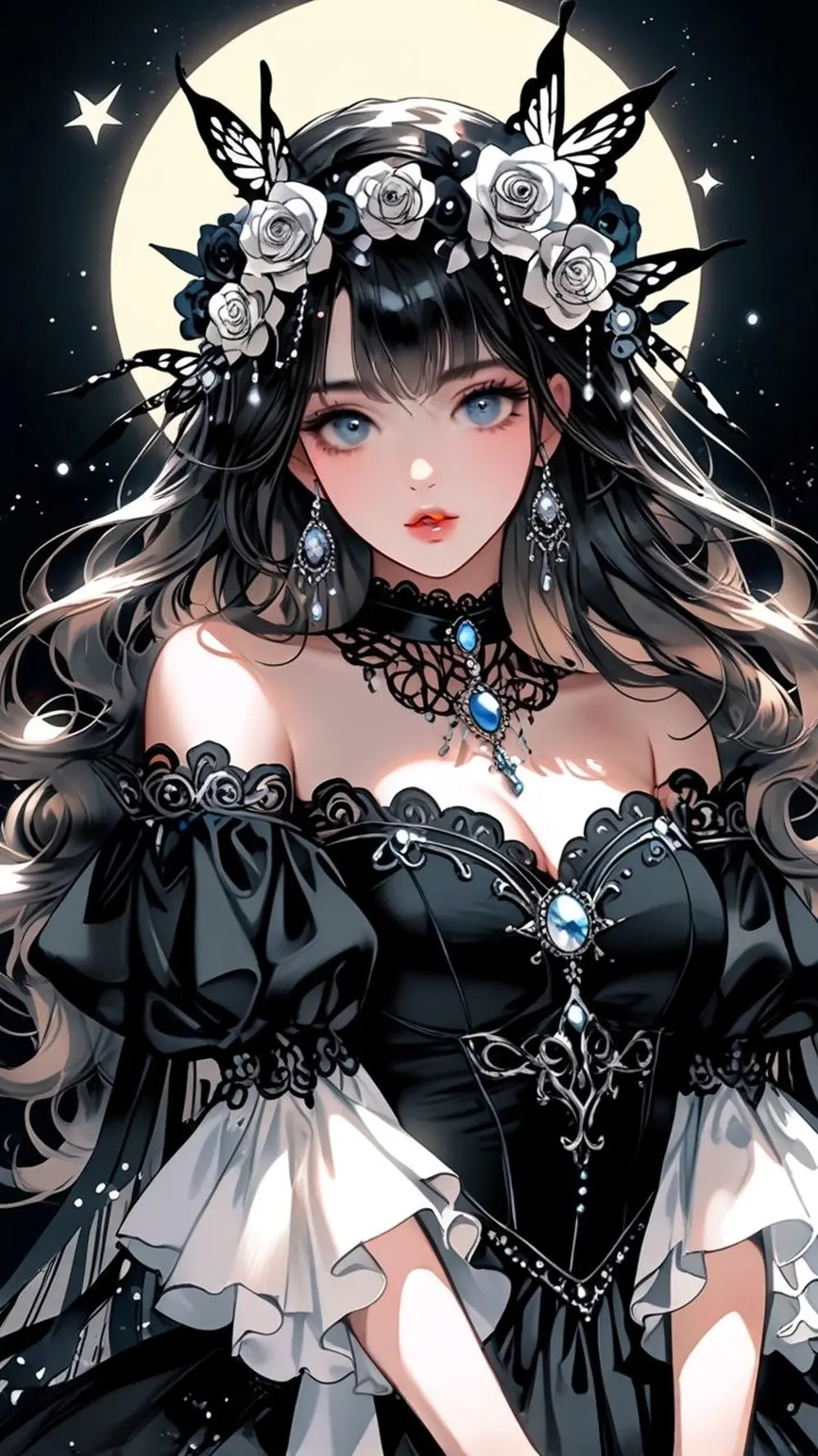 Ảnh anime gái xinh đẹp lộng lẫy với hoa và bướm đêm kiêu sa