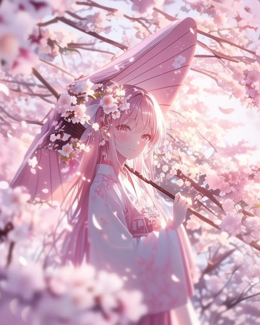 Ảnh anime gái xinh duyên dáng dưới tán hoa anh đào rực rỡ