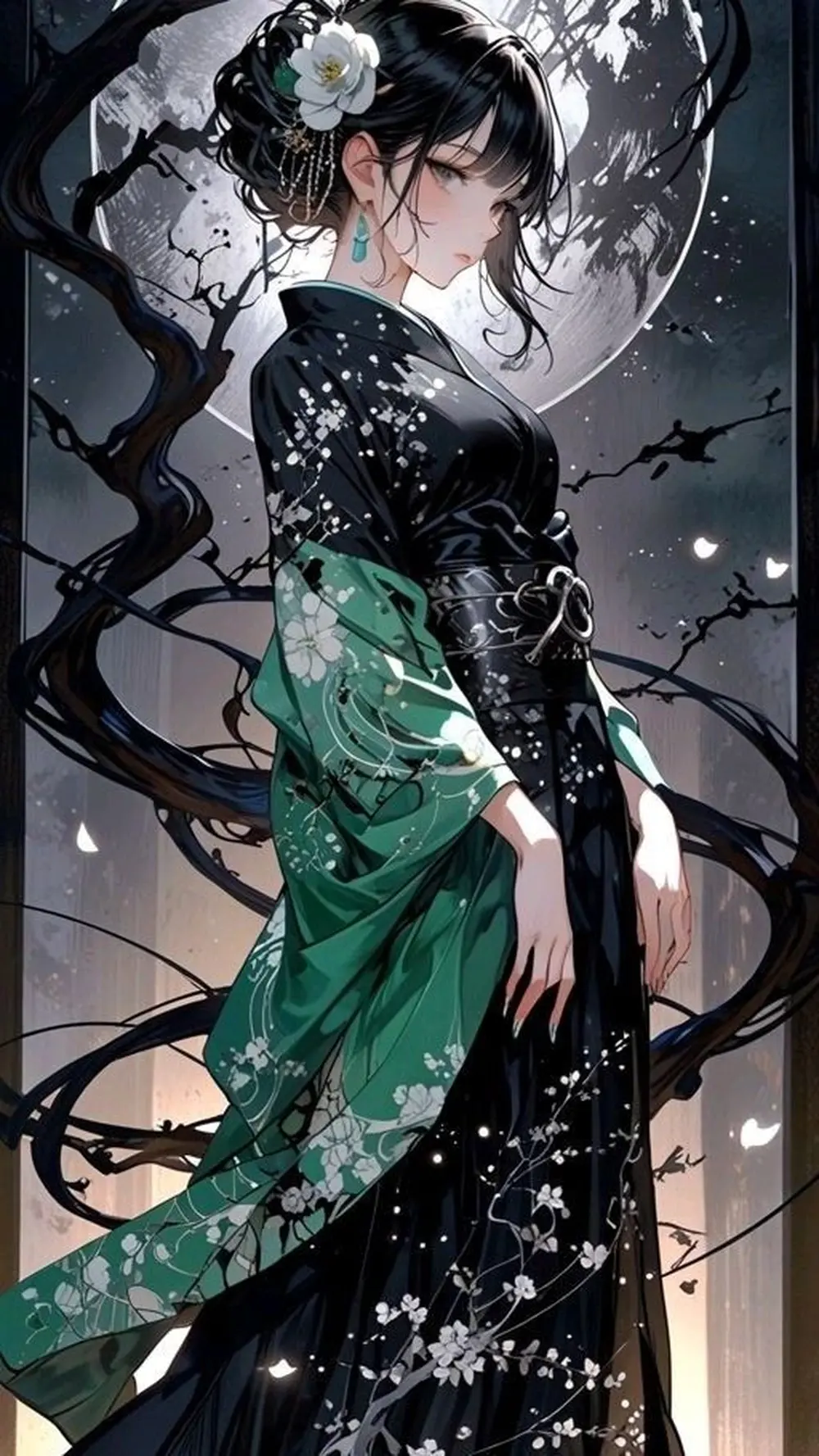 Ảnh anime gái xinh kiều diễm trong kimono đêm trăng sáng