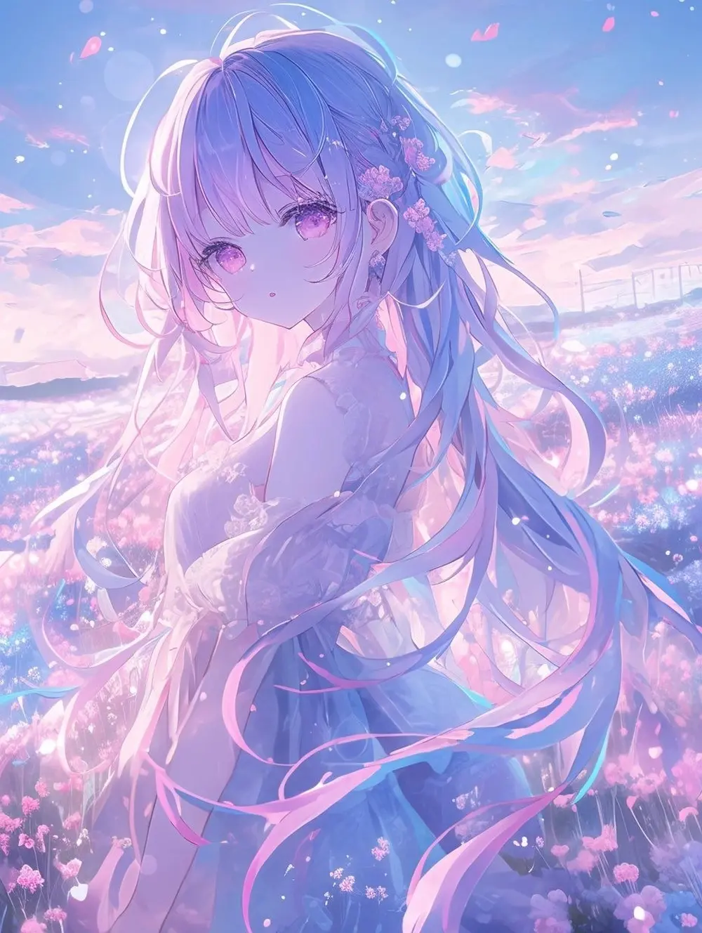 Ảnh anime gái xinh lộng lẫy giữa đồng hoa tím mộng mơ