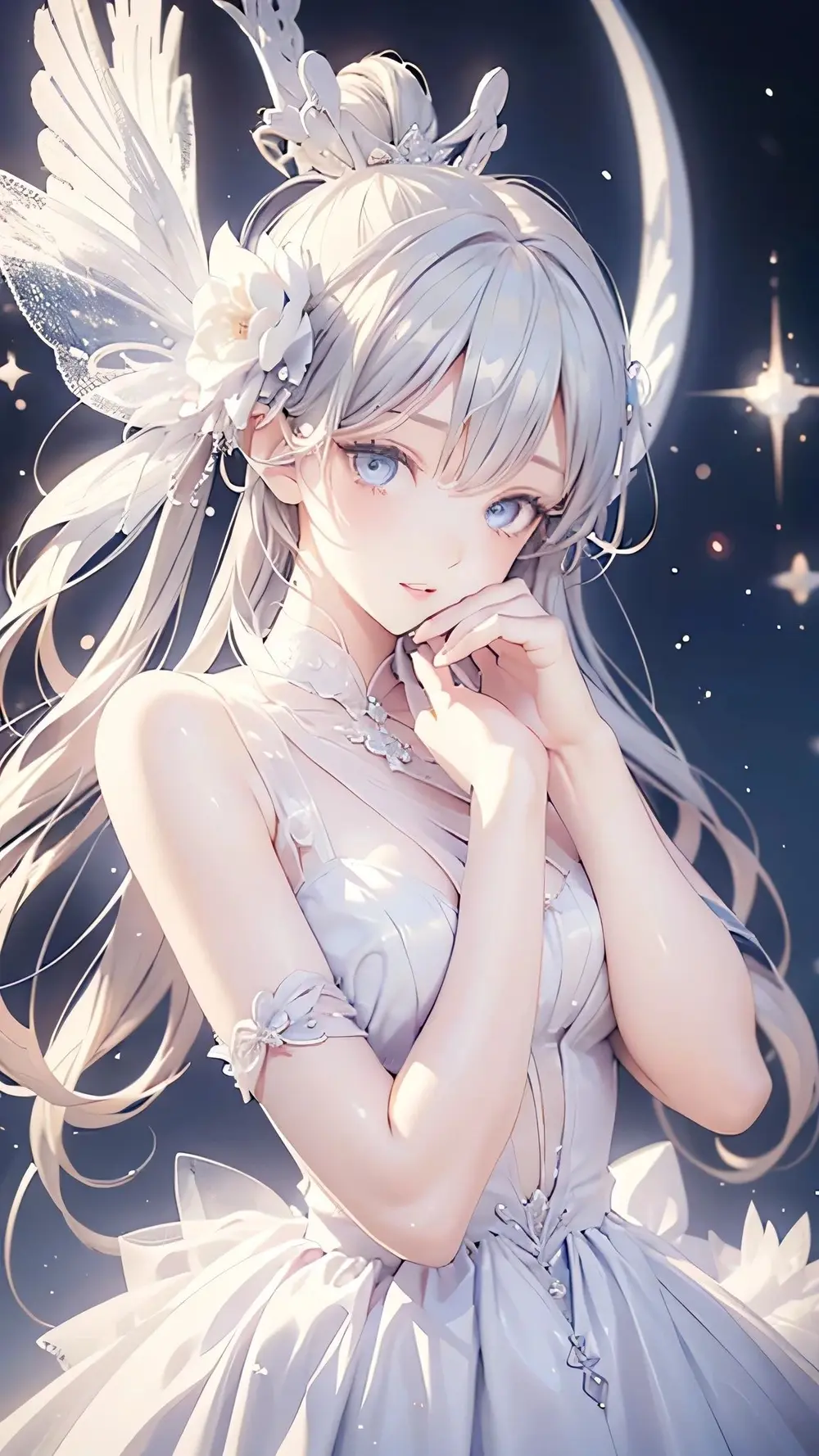 Ảnh anime gái xinh nàng tiên bạch kim dịu dàng dưới ánh trăng mơ mộng