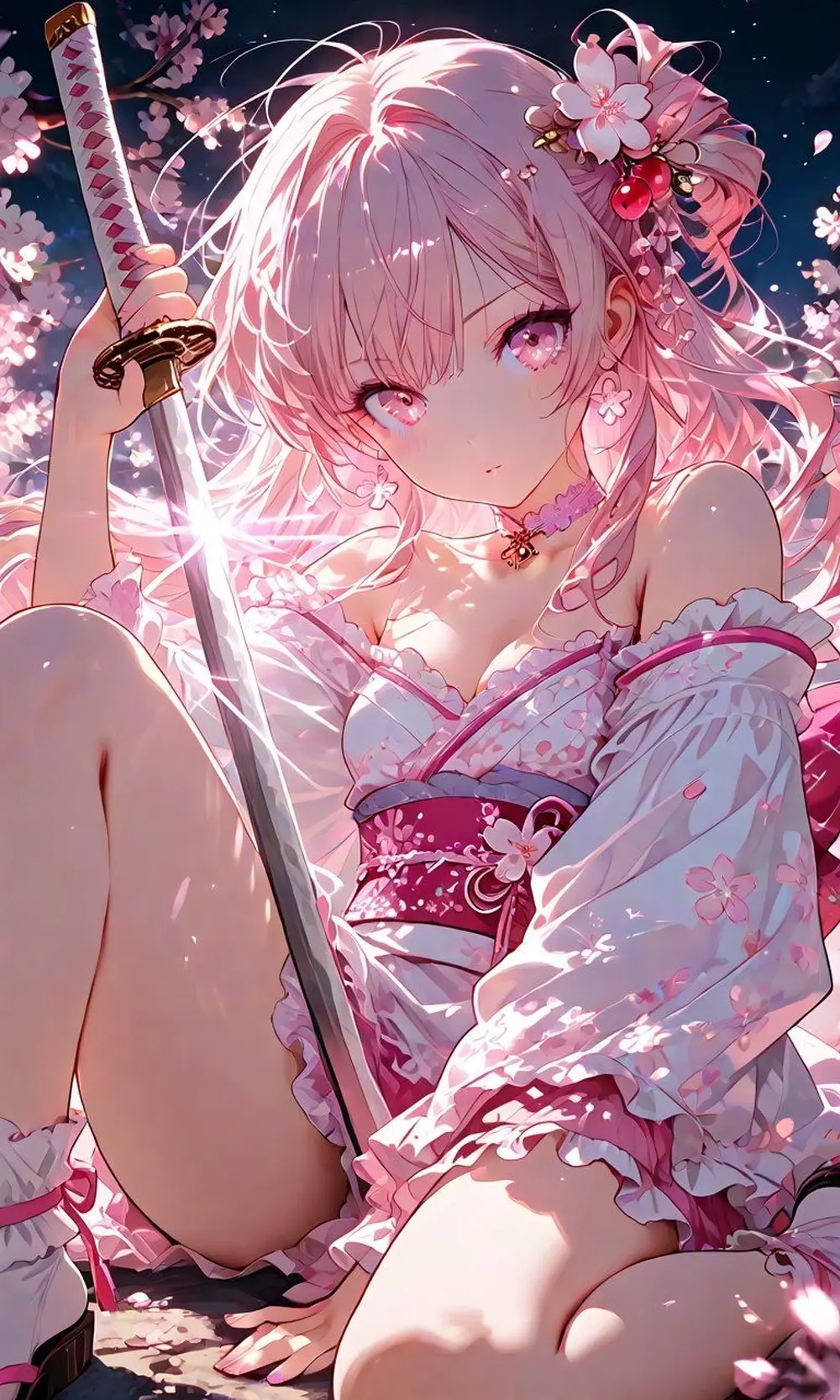 Ảnh anime gái xinh nữ chiến binh kiều diễm giữa hoa anh đào