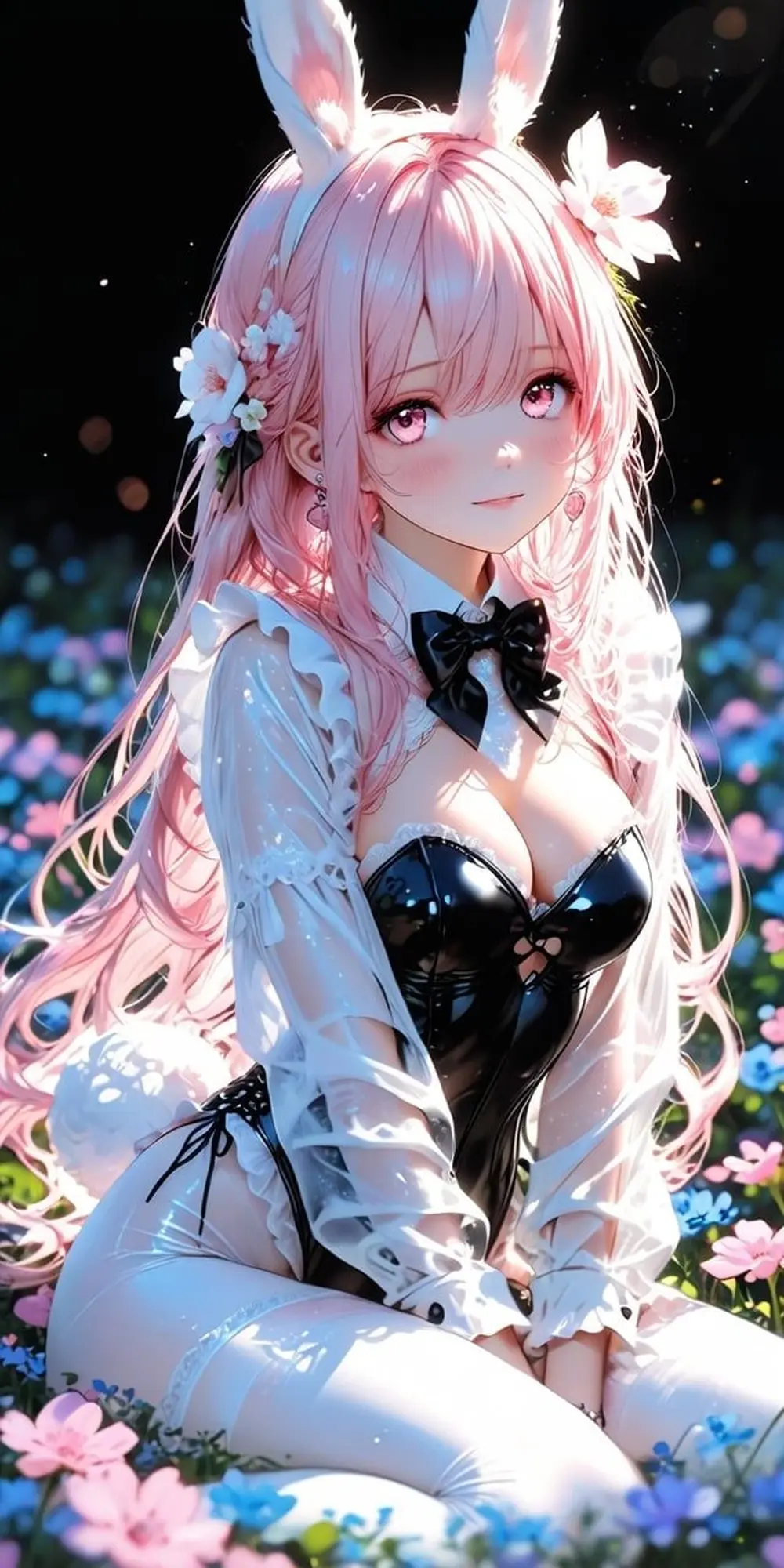 Ảnh anime gái xinh nữ thần hồng kute giữa vườn hoa tươi tắn