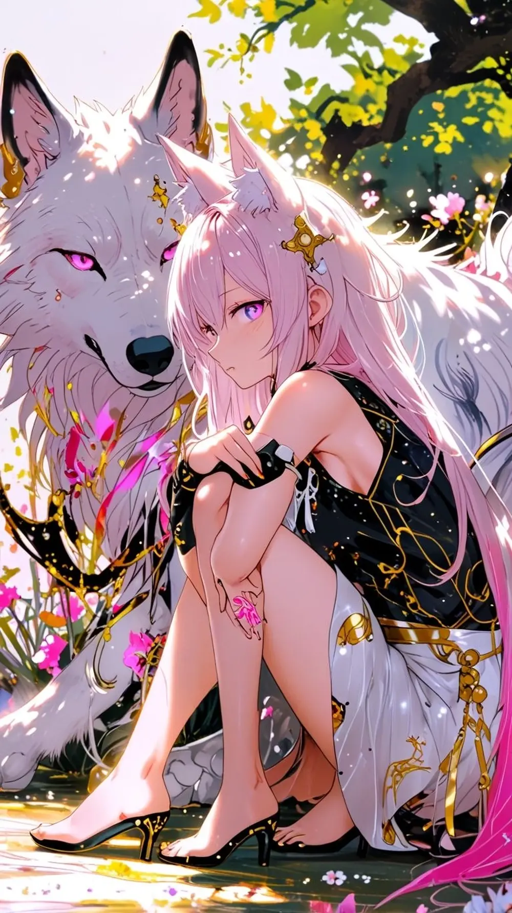 Ảnh anime gái xinh nữ thần tóc trắng bên sói tuyết đáng yêu
