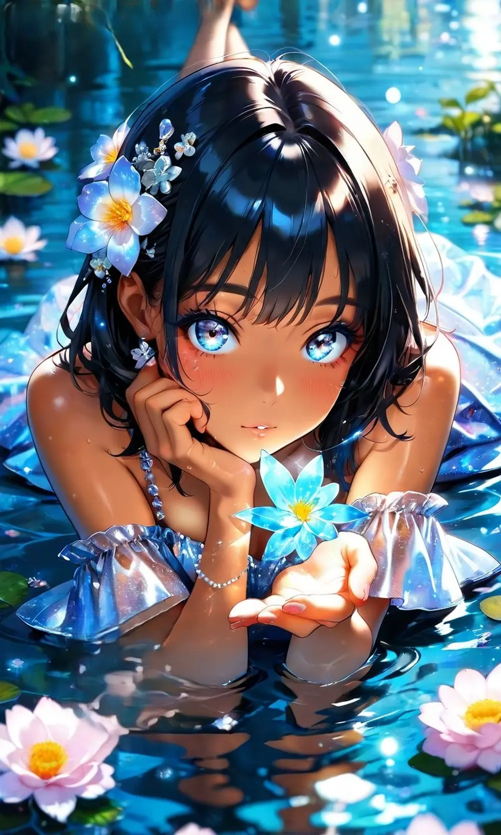 Ảnh anime gái xinh nữ thần xinh đẹp giữa hồ sen thanh khiết