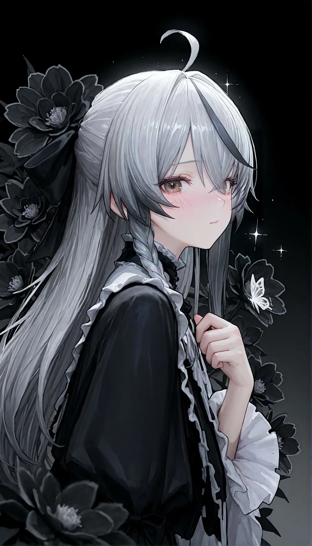 Ảnh anime gái xinh thiếu nữ mỹ nhân tóc trắng dịu dàng với hoa đen