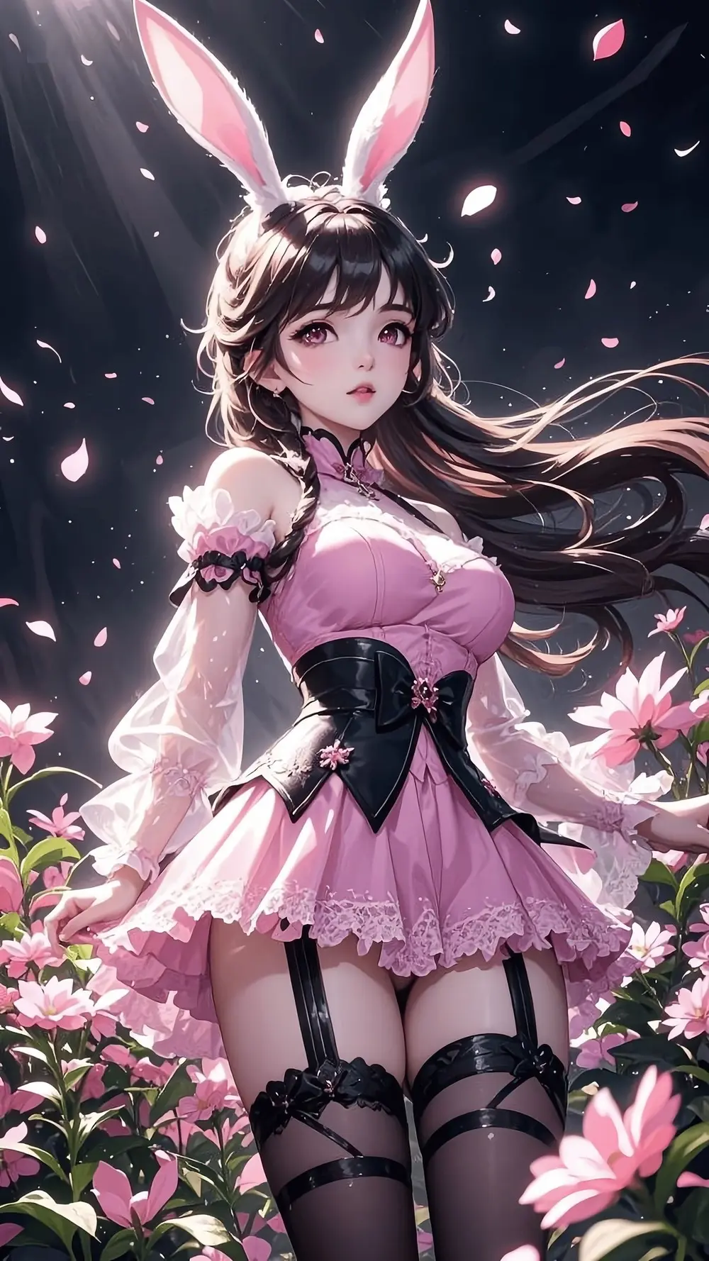 Ảnh anime gái xinh vẻ đẹp mỹ nhân thỏ quyến rũ giữa vườn hoa hồng