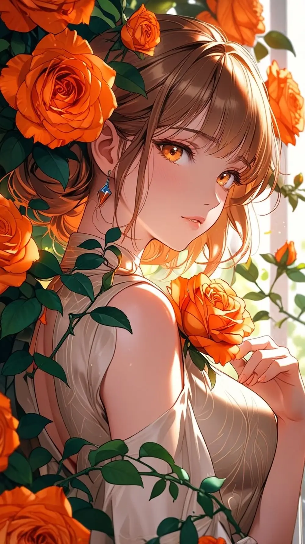 Ảnh anime gái xinh vẻ đẹp thanh tú giữa vườn hoa hồng rực rỡ