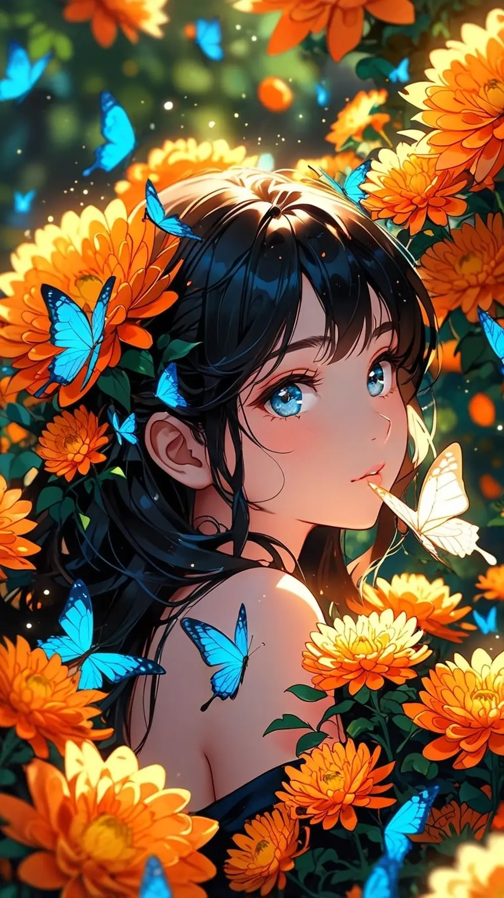 Ảnh anime gái xinh vẻ đẹp thiếu nữ trong vườn hoa cúc rực rỡ