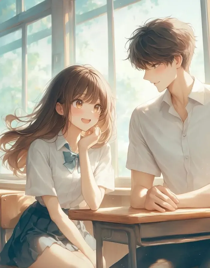 Ảnh anime nữ học sinh dễ thương nhìn nam sinh điển trai cạnh cửa sổ