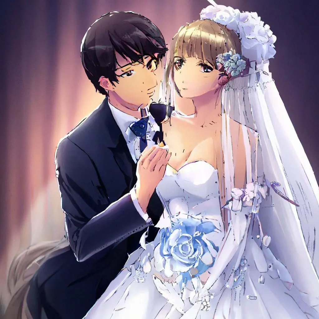 Cặp đôi anime hạnh phúc trao nhẫn trong ngày trọng đại với trang phục cưới lộng lẫy