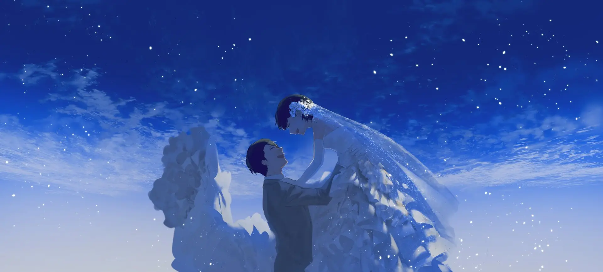 Cặp đôi anime hạnh phúc trao nhau lời thề dưới bầu trời đêm đầy sao lãng mạn