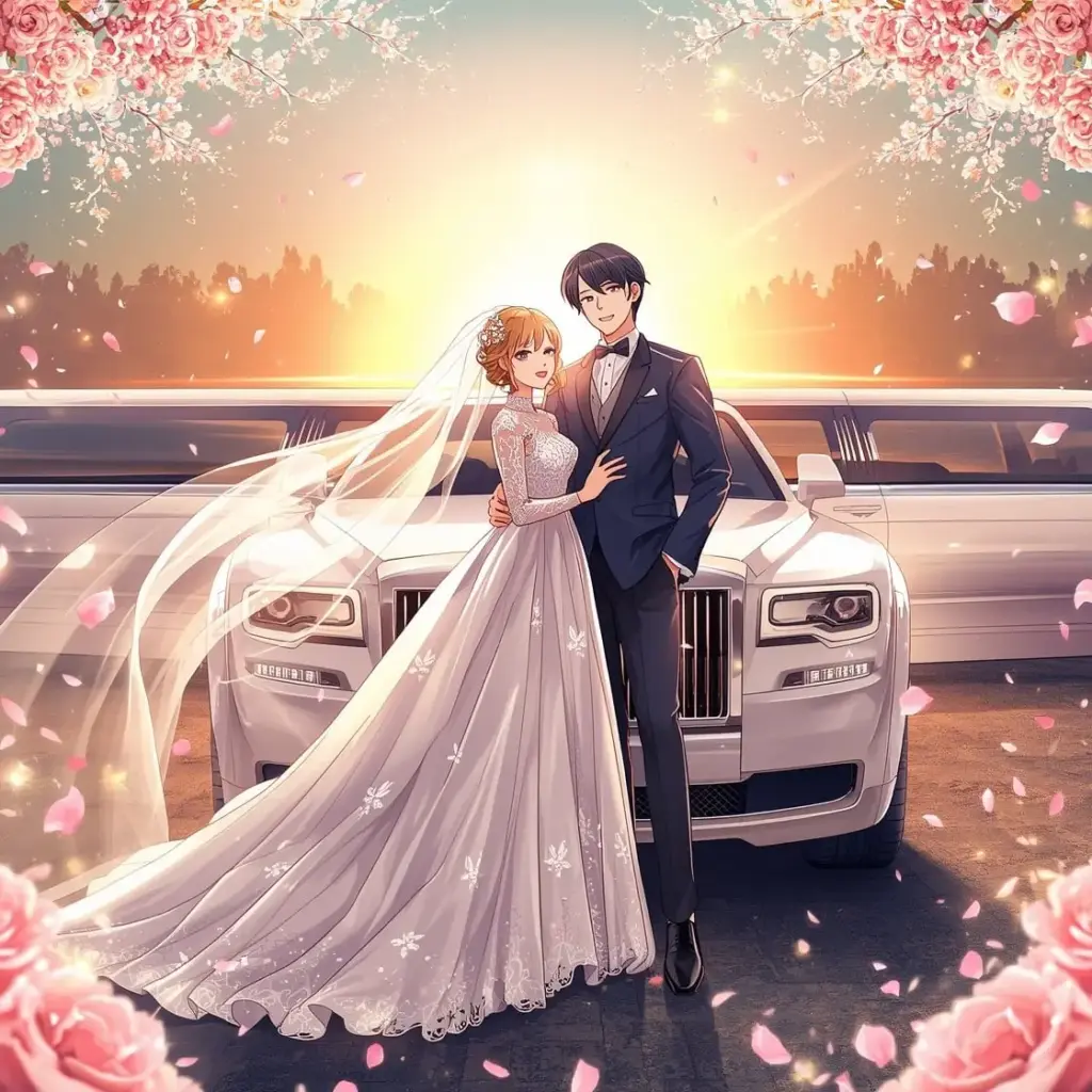 Cặp đôi anime hạnh phúc trong ngày trọng đại với chiếc xe sang trọng lộng lẫy