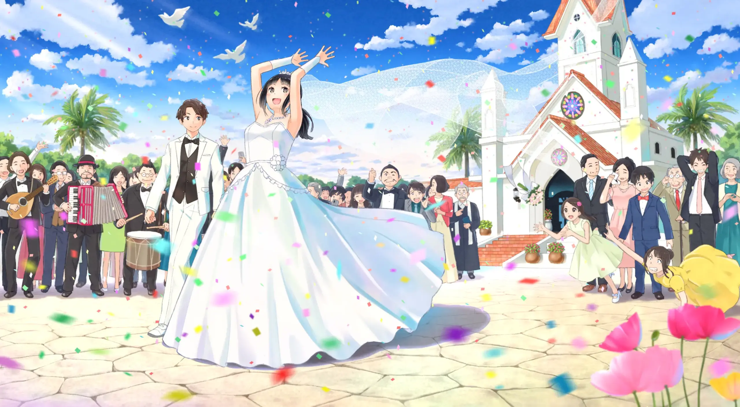 Cặp đôi anime hạnh phúc trong ngày trọng đại với lễ cưới lãng mạn ngoài trời đầy màu sắc