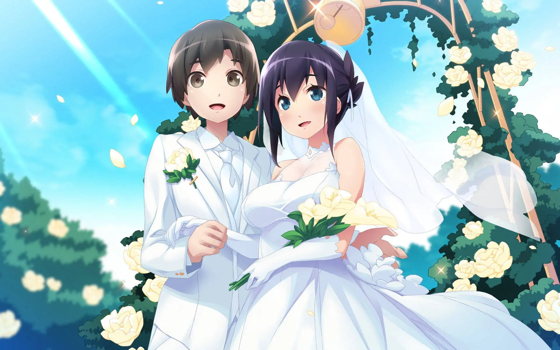 Cặp đôi anime hạnh phúc trong ngày trọng đại với trang phục cưới tinh tế lãng mạn