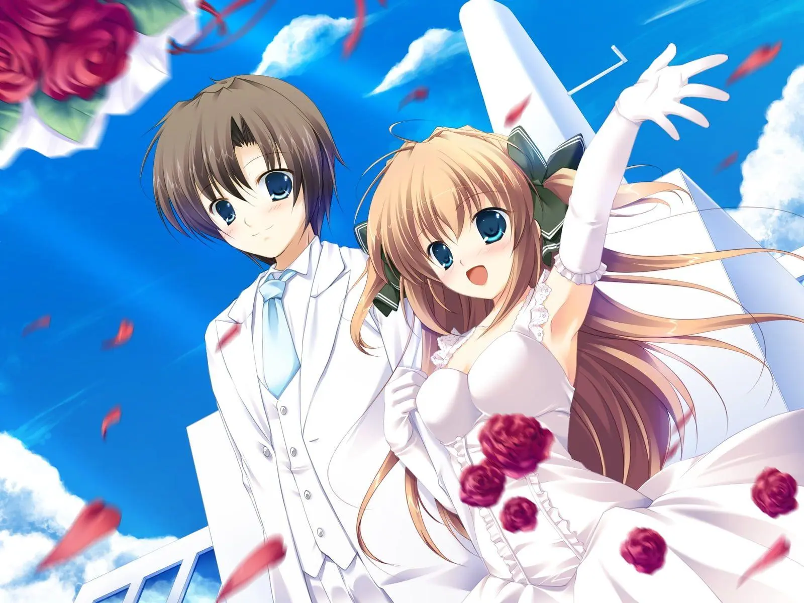 Cặp đôi anime hạnh phúc trong ngày trọng đại với váy áo cưới lộng lẫy giữa trời xanh