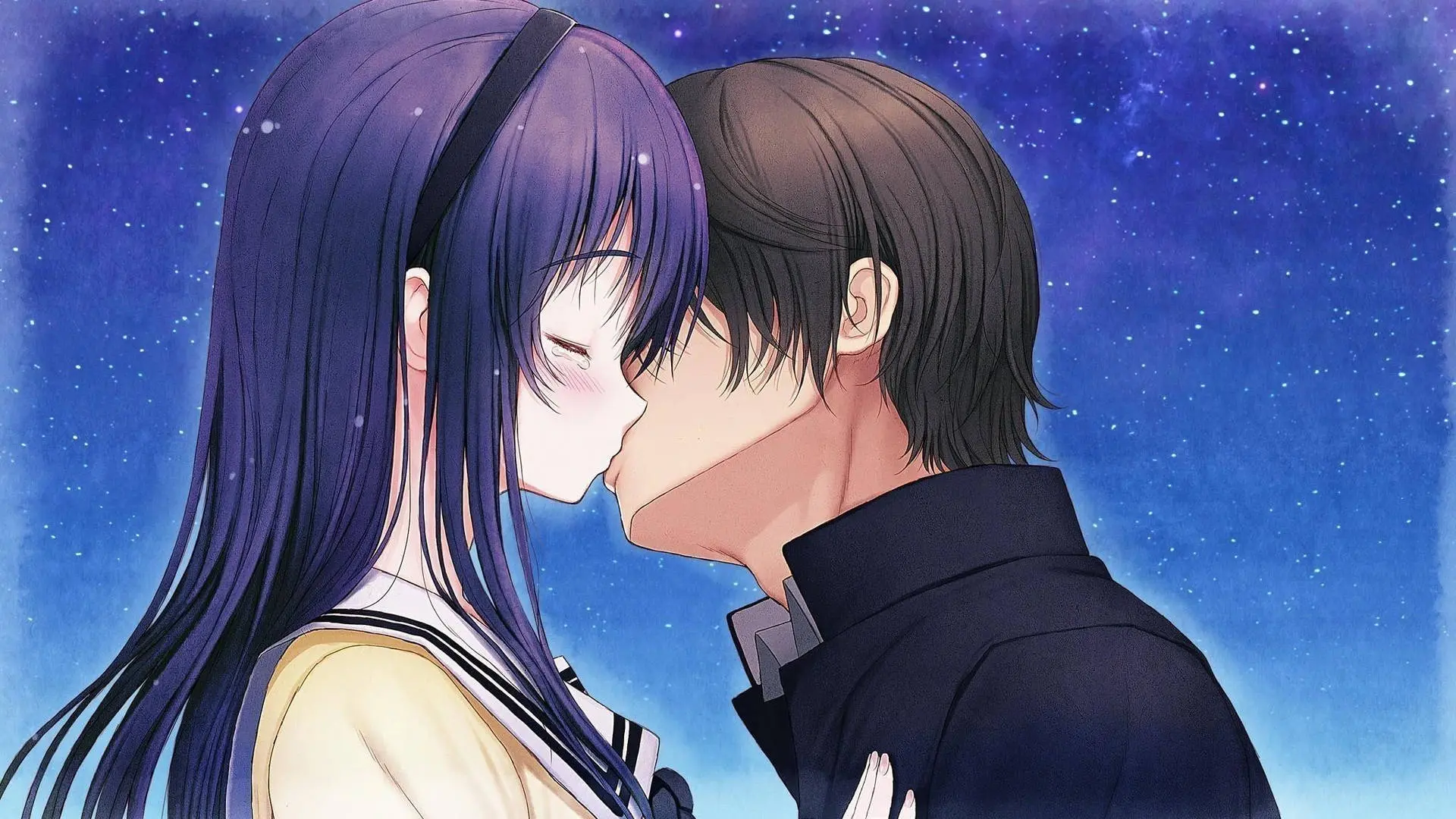 Cặp đôi anime trao nhau nụ hôn ngọt ngào dưới ánh sao lấp lánh đầy lãng mạn