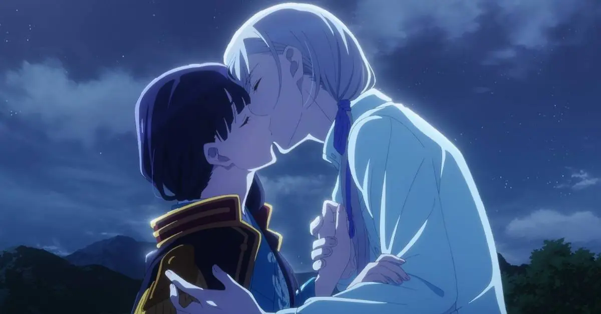Cặp đôi anime trao nhau nụ hôn ngọt ngào dưới bầu trời đêm lãng mạn đầy sao lung linh