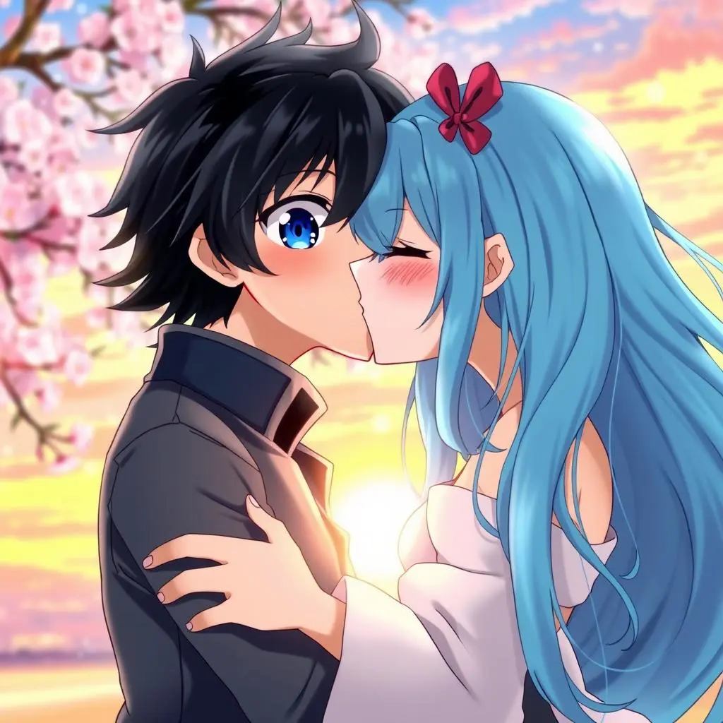 Cặp đôi anime trao nhau nụ hôn ngọt ngào dưới bầu trời lãng mạn đầy hoa anh đào nở rộ