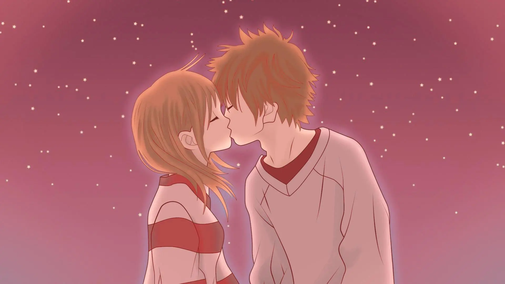 Cặp đôi anime trao nhau nụ hôn ngọt ngào lãng mạn dưới ánh sao lung linh dịu dàng