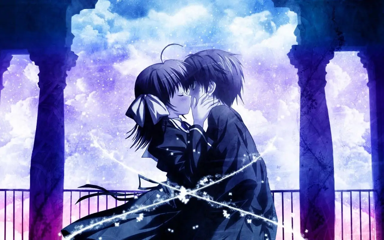 Cặp đôi anime trao nhau nụ hôn ngọt ngào lãng mạn dưới bầu trời đầy sao lung linh huyền ảo