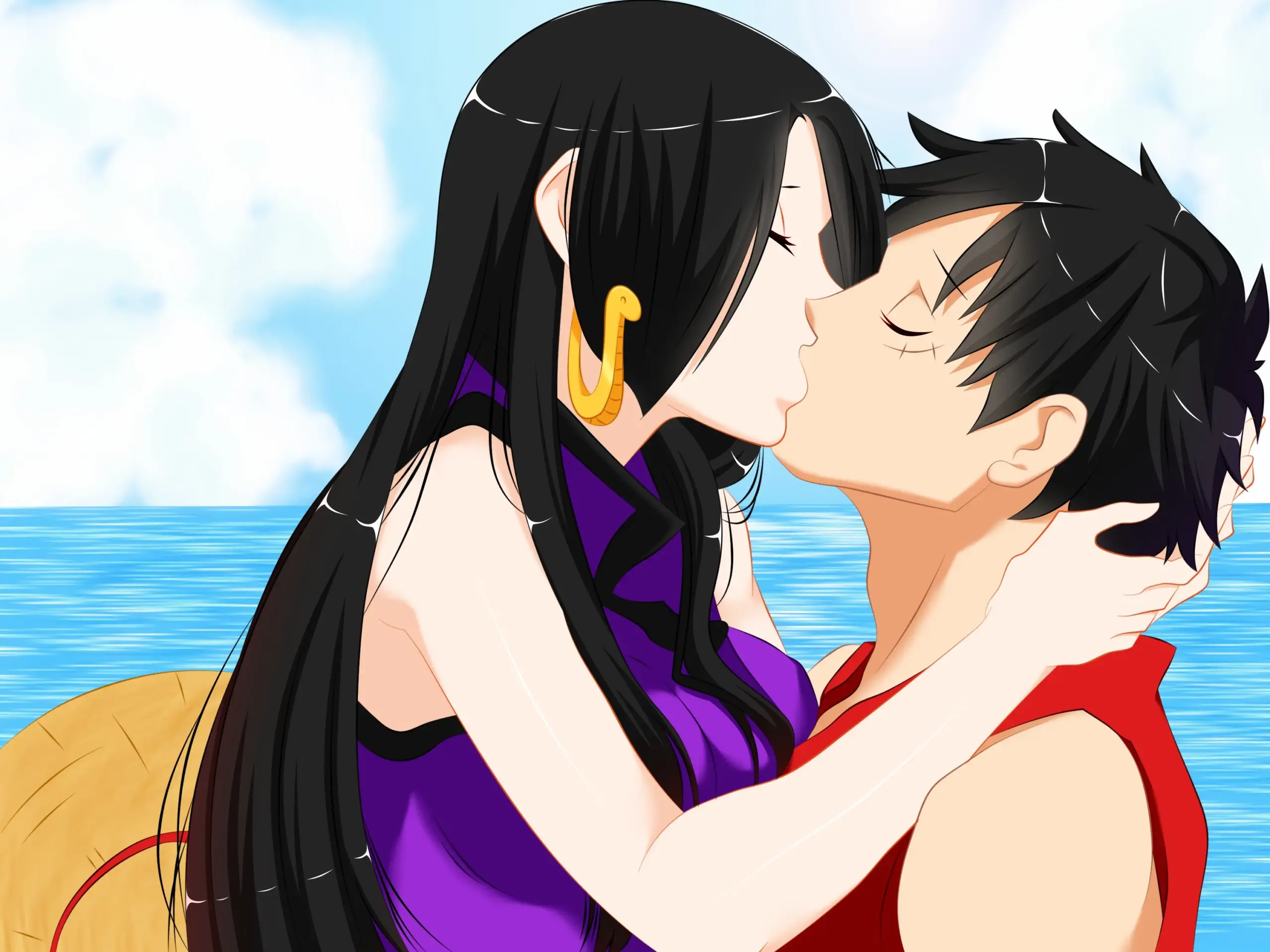 Cặp đôi anime trao nhau nụ hôn ngọt ngào lãng mạn trên nền biển xanh trong vắt dịu dàng