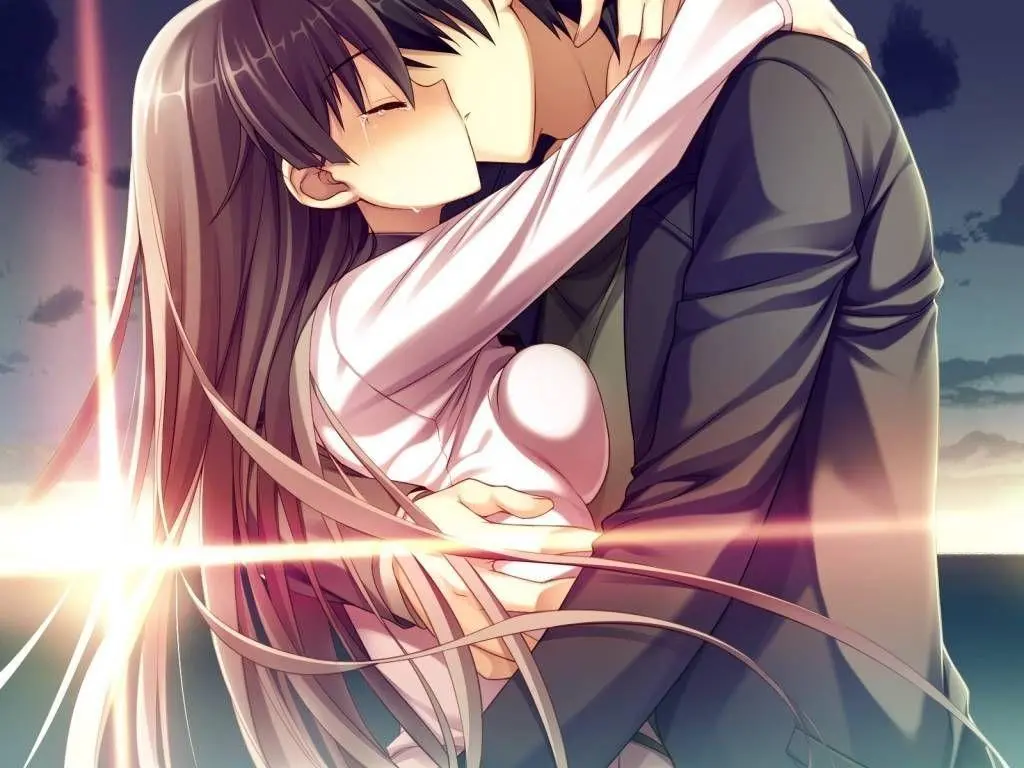 Cặp đôi anime trao nhau nụ hôn ngọt ngào lãng mạn trong ánh sáng dịu nhẹ ấm áp