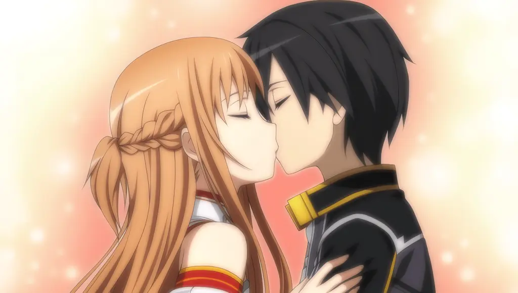 Cặp đôi anime trao nhau nụ hôn ngọt ngào lãng mạn trong khung cảnh ấm áp dịu dàng
