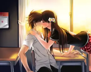 Cặp đôi anime trao nhau nụ hôn ngọt ngào lãng mạn trong khung cảnh lớp học ấm áp dịu dàng
