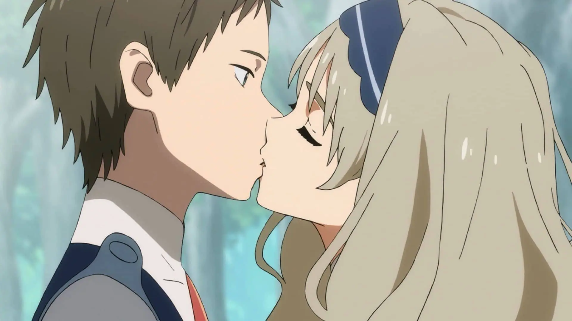 Cặp đôi anime trao nhau nụ hôn ngọt ngào lãng mạn trong khung cảnh thiên nhiên dịu dàng