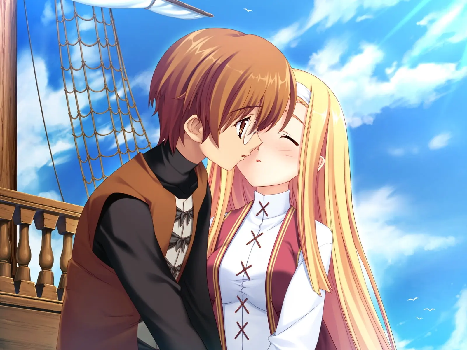 Cặp đôi anime trao nhau nụ hôn ngọt ngào trên boong tàu với khung cảnh trời xanh mây trắng lãng mạn