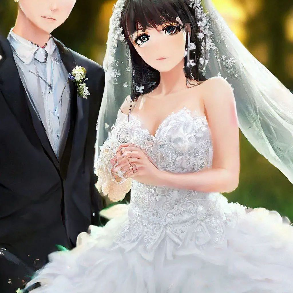 Cặp đôi anime trong ngày trọng đại với trang phục cưới lộng lẫy hạnh phúc bên nhau