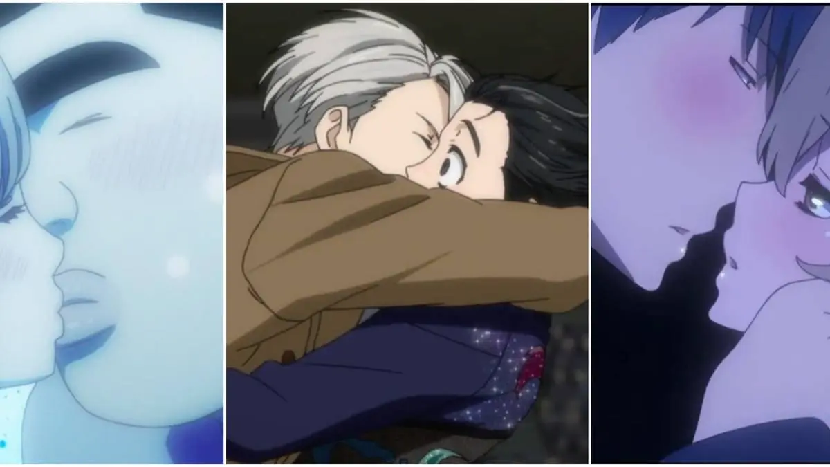 Cặp đôi nhân vật anime trao nhau nụ hôn ngọt ngào thể hiện tình cảm sâu sắc trong khung cảnh lãng mạn