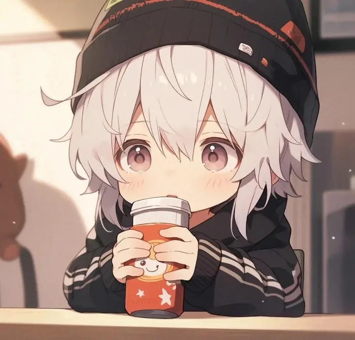 Chàng trai anime ngầu dễ thương đang ôm cốc ấm áp