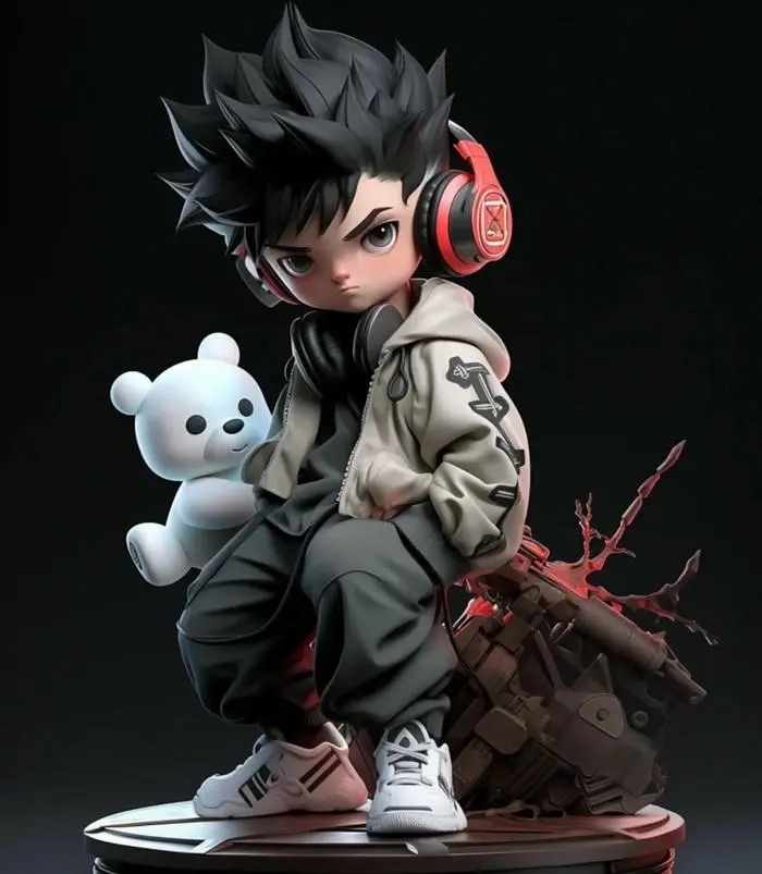 Chàng trai anime phong cách ngầu loli đáng yêu với gấu bông