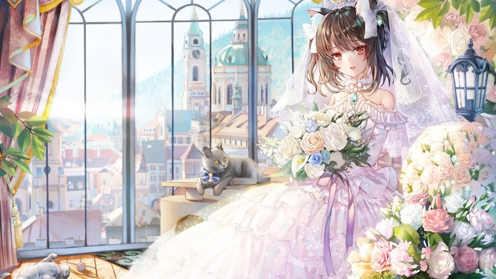 Cô dâu anime dịu dàng trong chiếc váy cưới tinh khôi bên khung cửa sổ lãng mạn