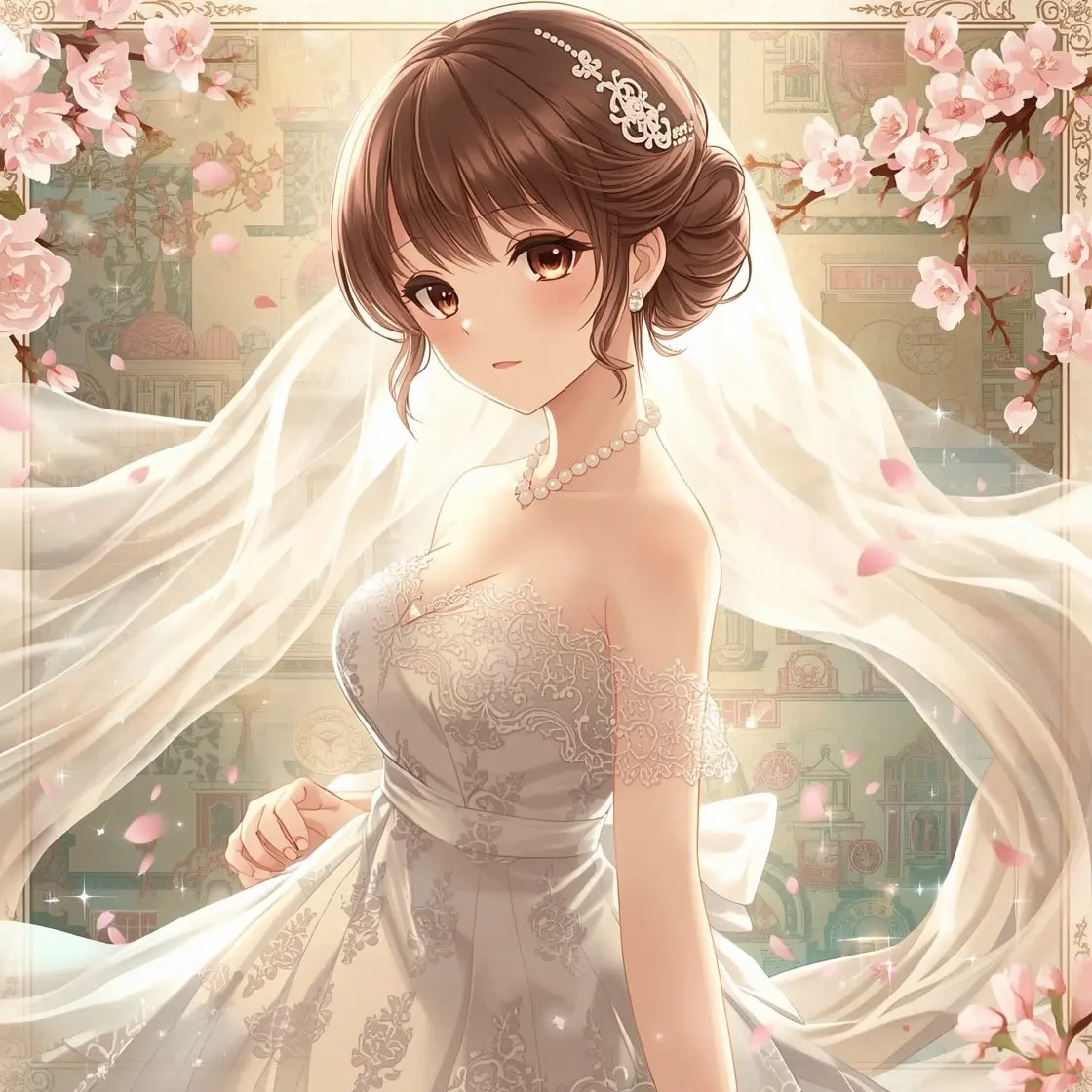 Cô dâu anime dịu dàng trong chiếc váy cưới tinh khôi cùng khăn voan lộng lẫy