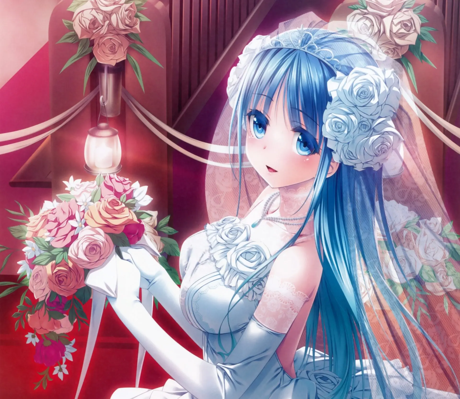 Cô dâu anime xinh đẹp trong chiếc váy cưới tinh khôi cầm bó hoa rực rỡ hạnh phúc