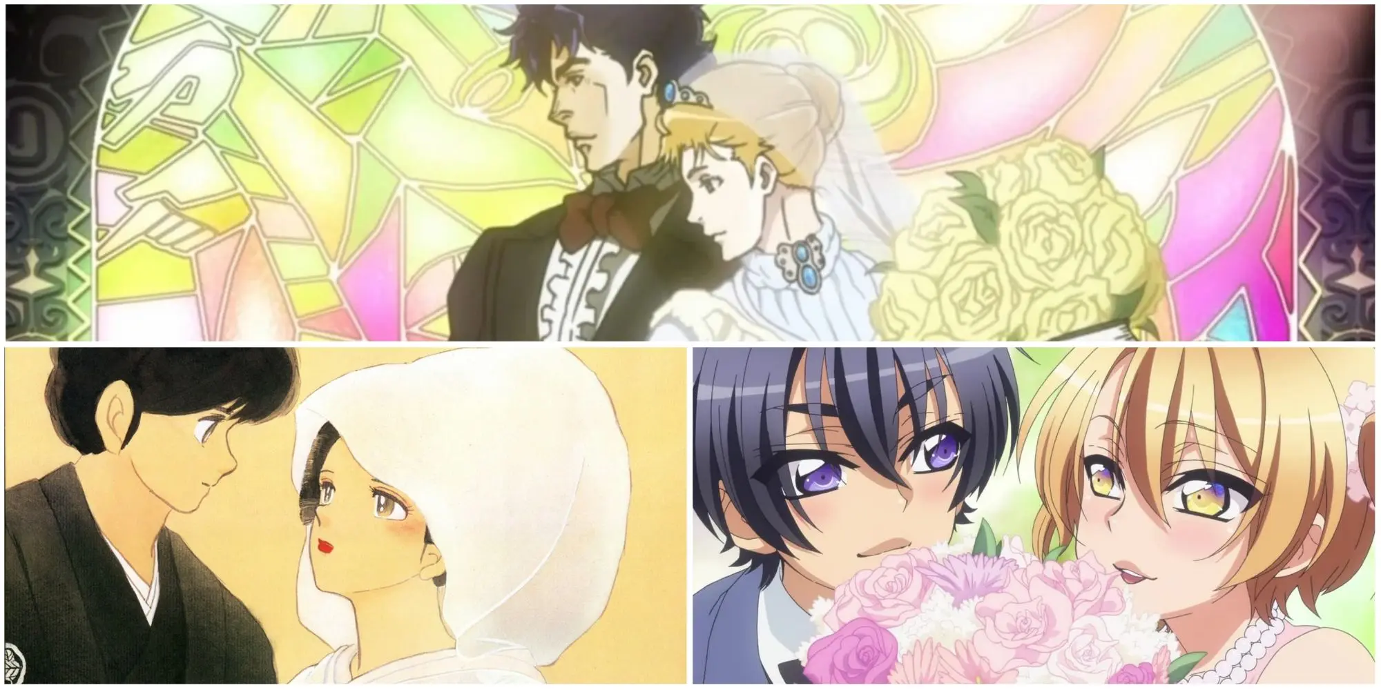 Hình ảnh anime lãng mạn với các cặp đôi trong trang phục cưới truyền thống và hiện đại thể hiện tình yêu