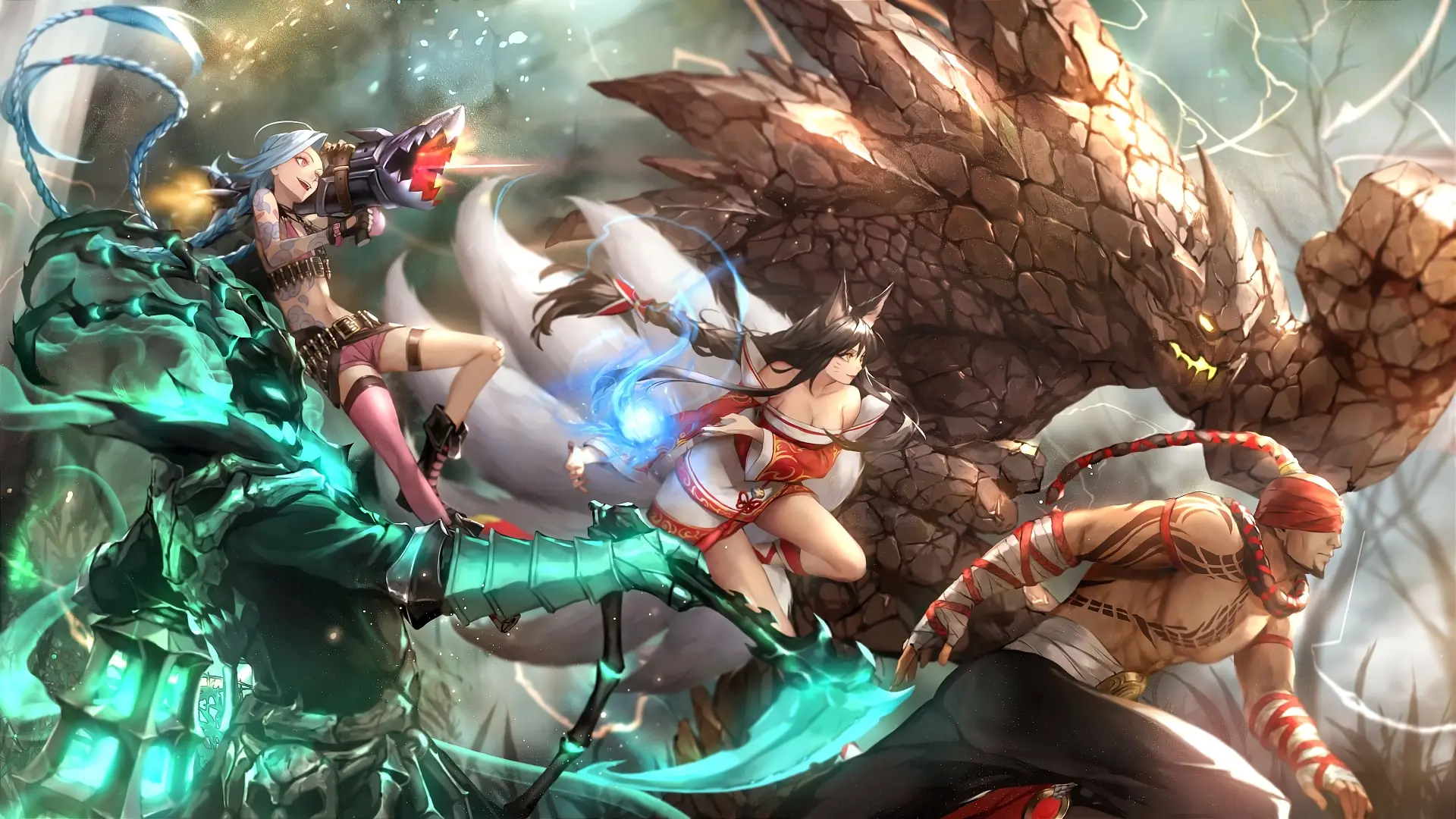 Hình nền lol tuyệt đẹp với jinx ahri và yasuo khí thế mạnh mẽ