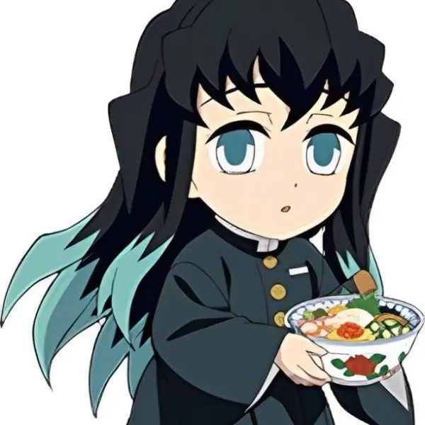Muichirou kimetsu chibi đáng yêu với bát cơm sát quỷ đoàn