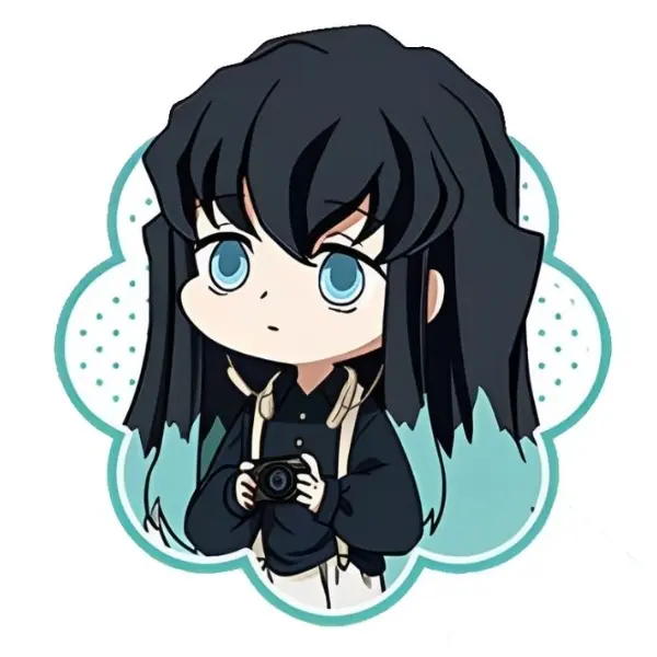 Muichirou kimetsu chibi đáng yêu với máy ảnh sát thủ lãnh nguyệt