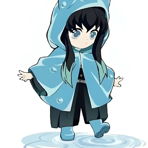 Muichirou kimetsu chibi đội áo mưa xanh giữa trời mưa giọt