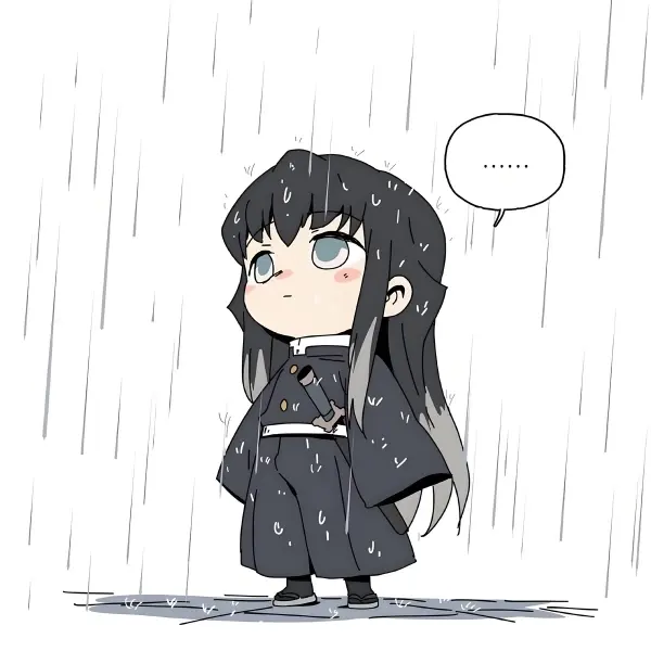 Muichirou kimetsu dáng chibi buồn dưới mưa kiếm sĩ lặng thầm