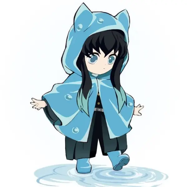 Muichirou kimetsu thời thơ ấu đáng yêu trong bộ áo mưa xanh lam