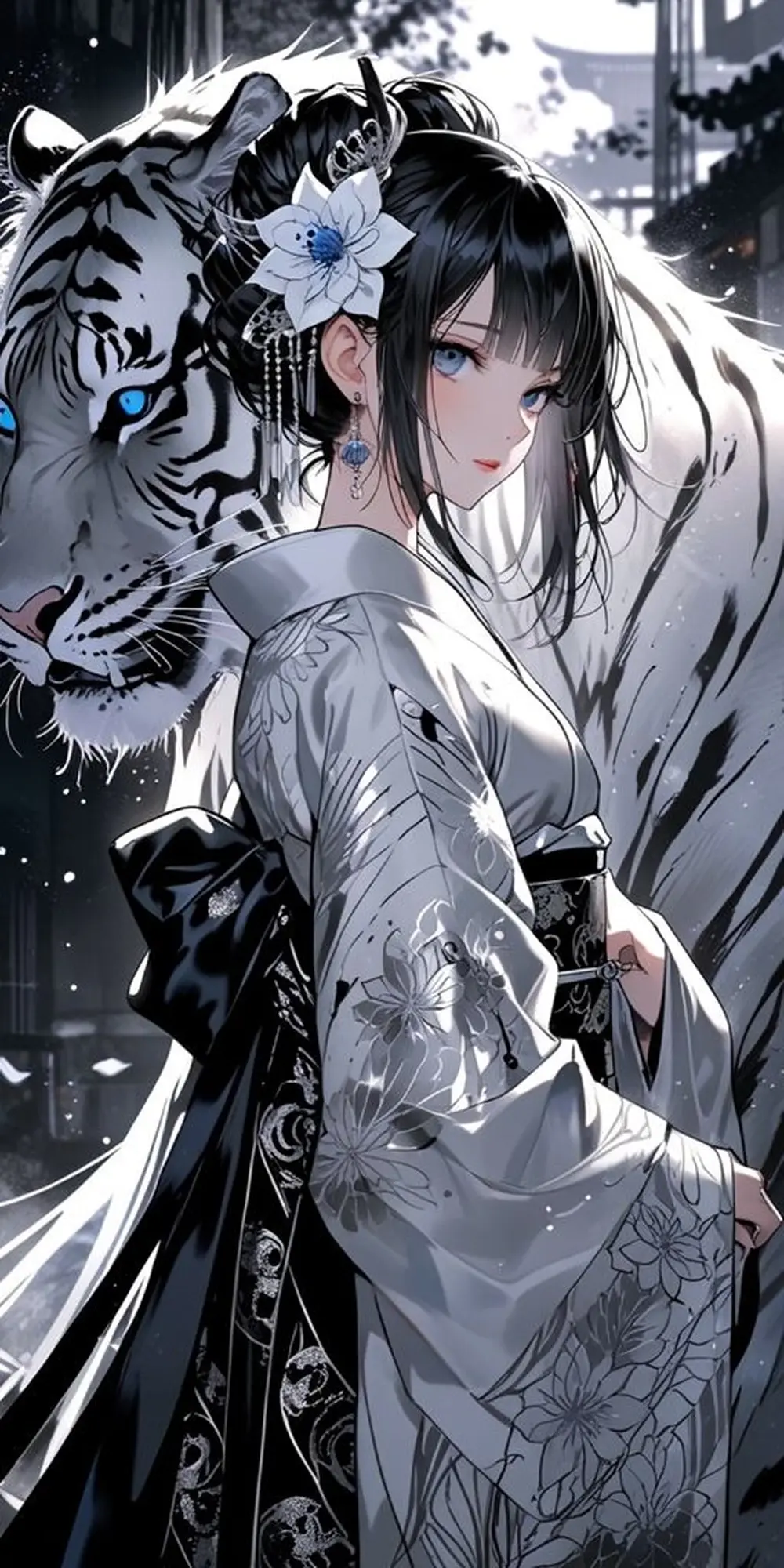 Nàng thơ anime tuyệt đẹp bên hổ trắng mỹ nhân kiêu sa