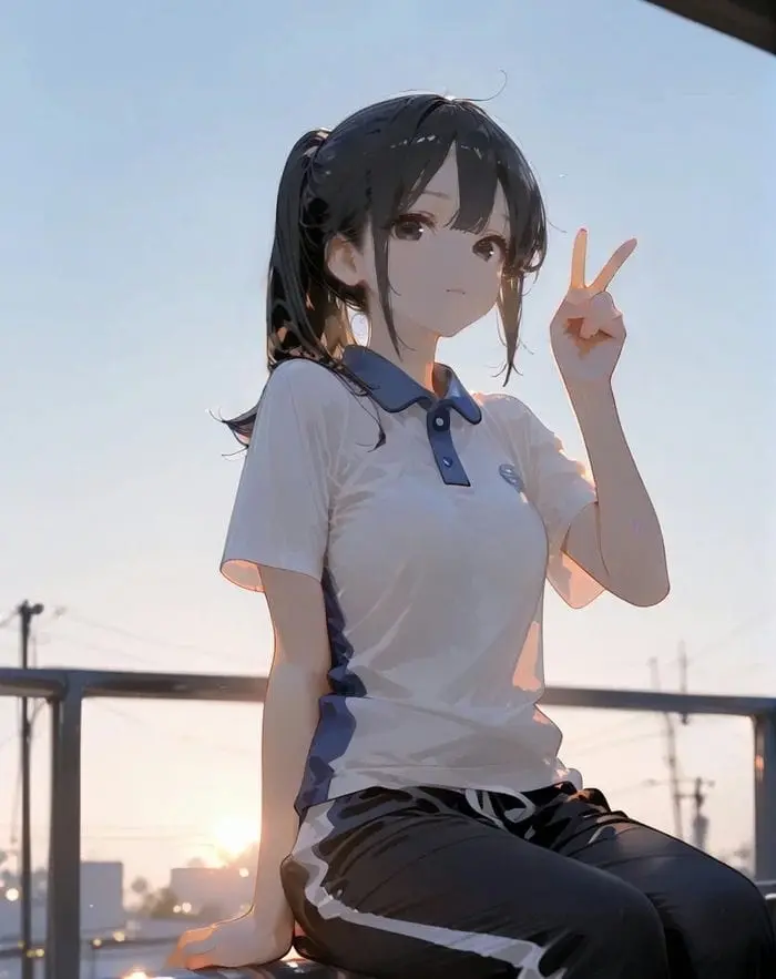 Nữ sinh anime đáng yêu tạo dáng xìteen trên sân thượng