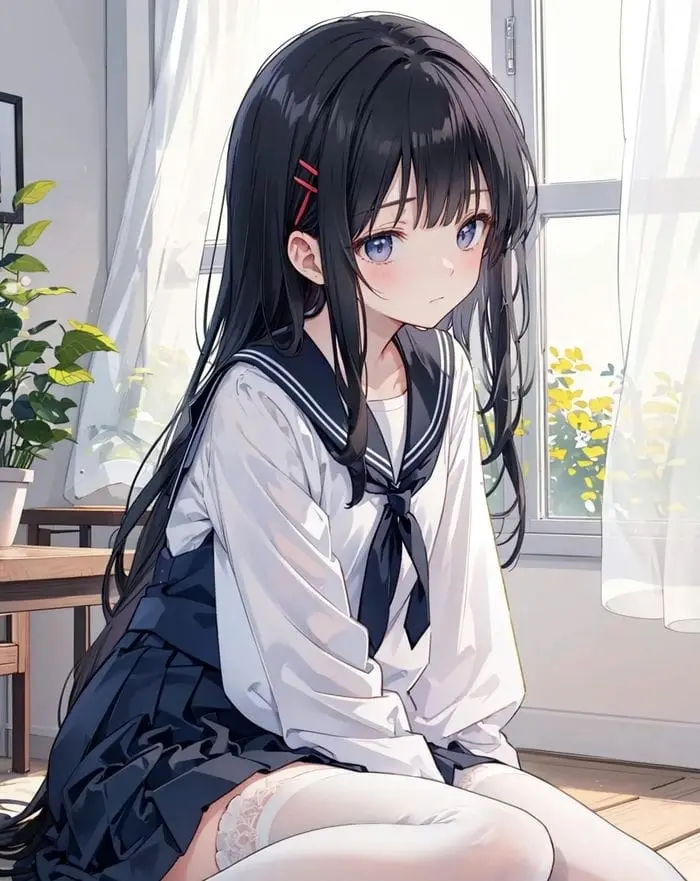 Nữ sinh anime dễ thương bên cửa sổ nét vẽ đáng yêu tinh tế