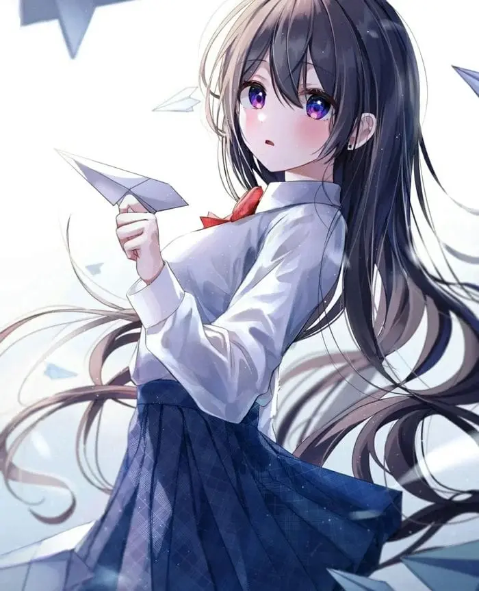 Nữ sinh anime dễ thương cầm máy bay giấy vẻ đẹp trong sáng tinh khôi