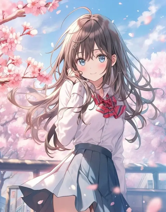 Nữ sinh anime dễ thương dưới tán hoa anh đào rực rỡ